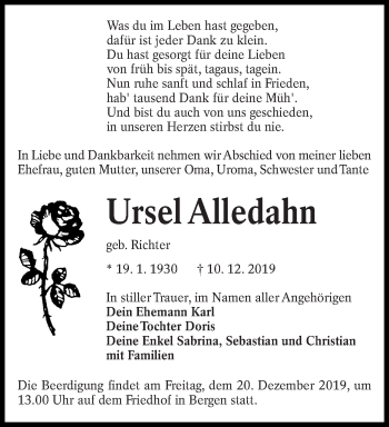 Traueranzeige von Ursel Alledahn von lausitzer_rundschau