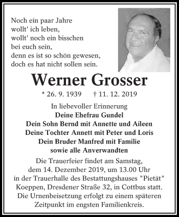 Traueranzeige von Werner Grosser von lausitzer_rundschau
