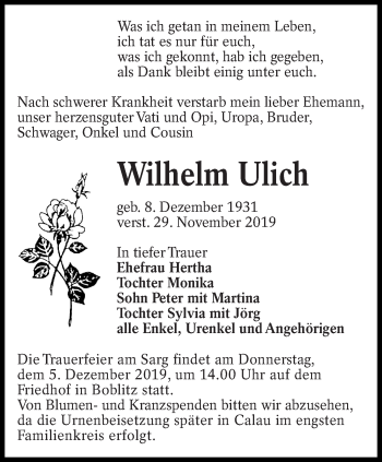 Traueranzeige von Wilhelm Ulich von lausitzer_rundschau