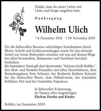 Traueranzeige von Wilhelm Ulich von lausitzer_rundschau