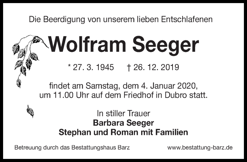  Traueranzeige für Wolfram Seeger vom 28.12.2019 aus lausitzer_rundschau