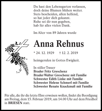 Traueranzeige von Anna Rehnus von lausitzer_rundschau