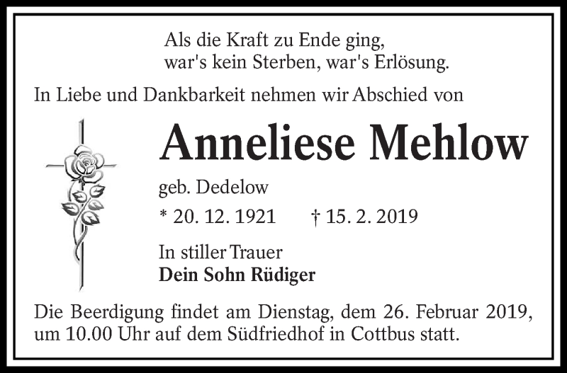  Traueranzeige für Anneliese Mehlow vom 23.02.2019 aus lausitzer_rundschau