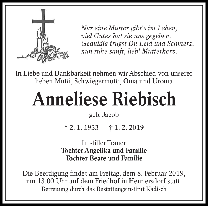  Traueranzeige für Anneliese Riebisch vom 06.02.2019 aus lausitzer_rundschau