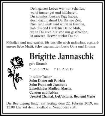 Traueranzeige von Brigitte Jannaschk von lausitzer_rundschau