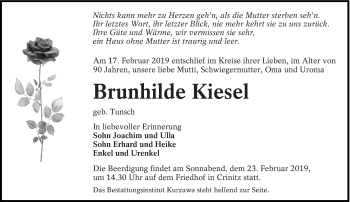 Traueranzeige von Brunhilde Kiesel von lausitzer_rundschau