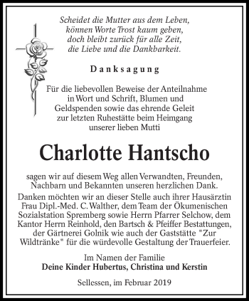 Traueranzeige von Charlotte Hantscho von lausitzer_rundschau