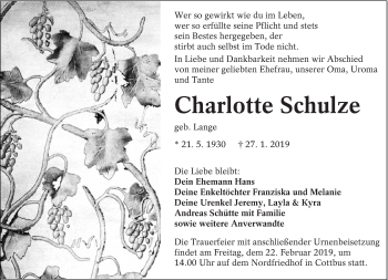Traueranzeige von Charlotte Schulze von lausitzer_rundschau