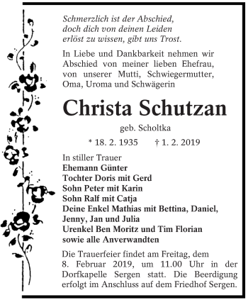 Traueranzeige von Christa Schutzan von lausitzer_rundschau