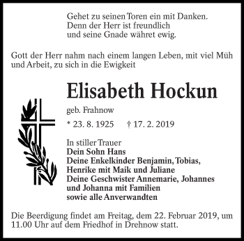 Traueranzeige von Elisabeth Hockun von lausitzer_rundschau