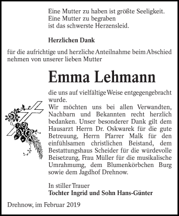 Traueranzeige von Emma Lehmann von lausitzer_rundschau
