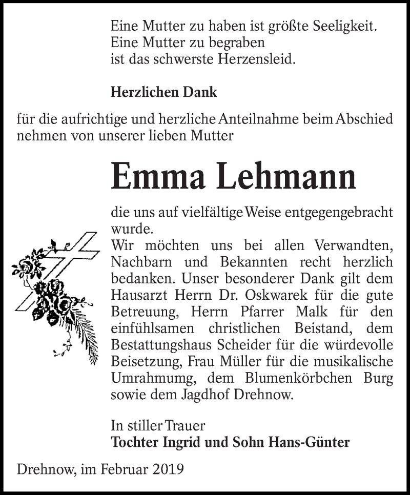  Traueranzeige für Emma Lehmann vom 23.02.2019 aus lausitzer_rundschau