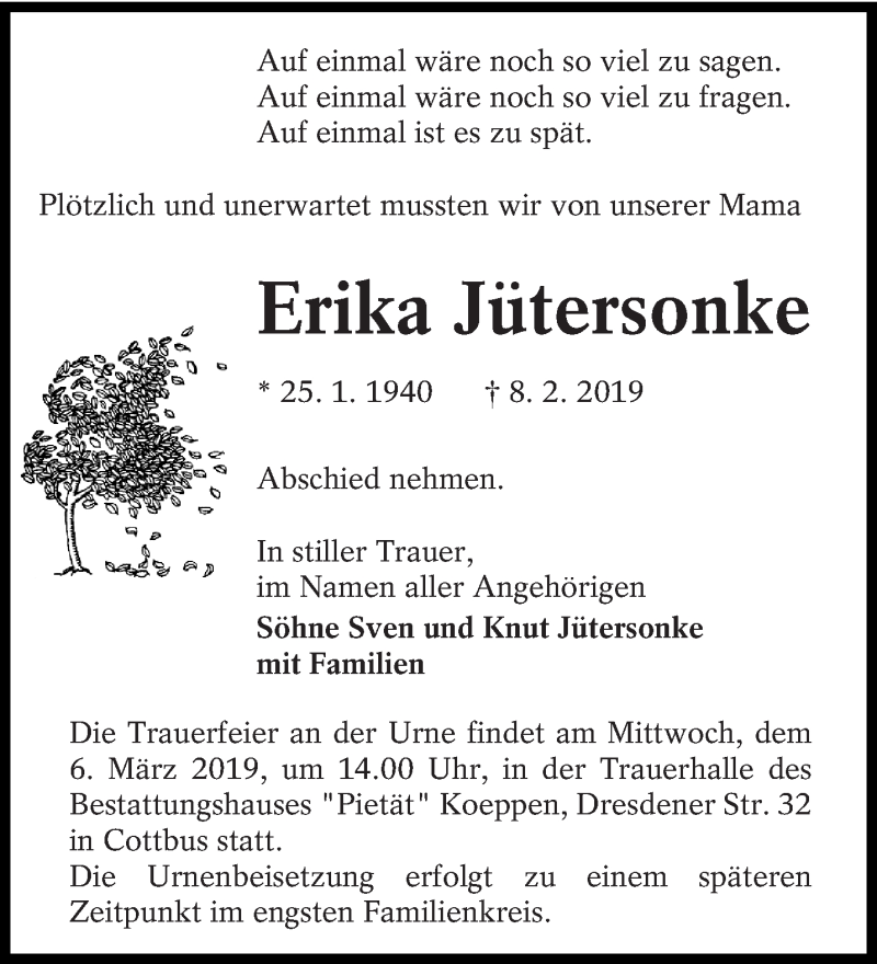  Traueranzeige für Erika Jütersonke vom 23.02.2019 aus lausitzer_rundschau