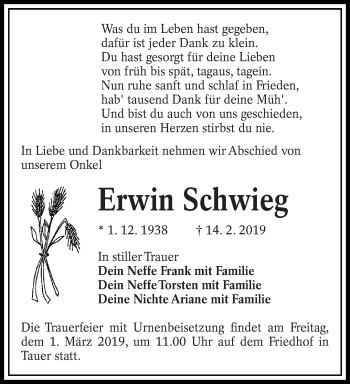Traueranzeige von Erwin Schwieg von lausitzer_rundschau