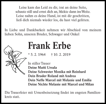 Traueranzeige von Frank Erbe von lausitzer_rundschau