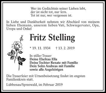 Traueranzeige von Fritz Stelling von lausitzer_rundschau