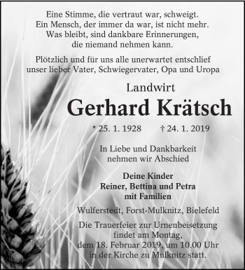 Traueranzeige von Gerhard Krätsch von lausitzer_rundschau
