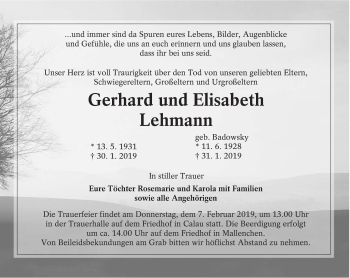 Traueranzeige von Gerhard und Elisabeth Lehmann von lausitzer_rundschau