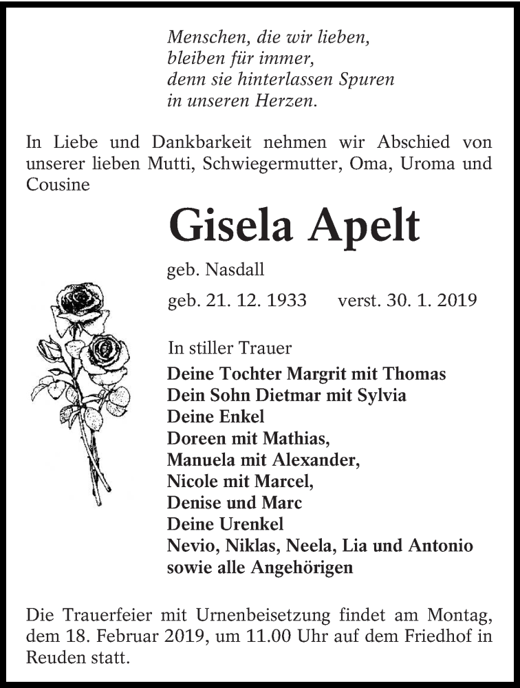  Traueranzeige für Gisela Apelt vom 02.02.2019 aus lausitzer_rundschau