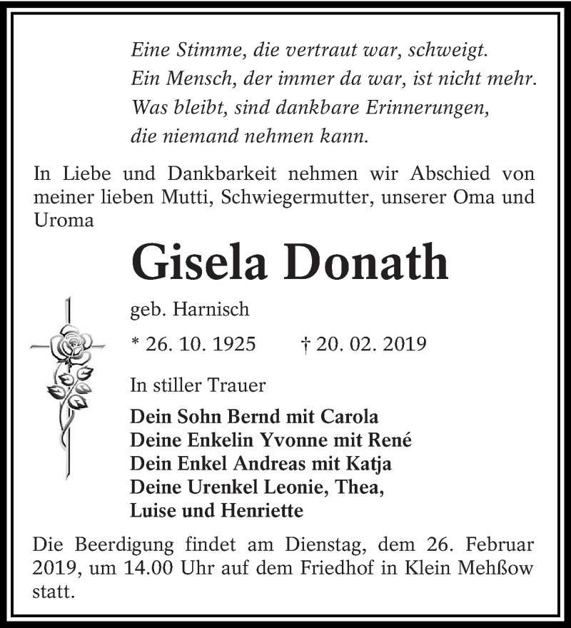 Traueranzeige für Gisela Donath vom 23.02.2019 aus lausitzer_rundschau