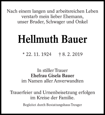 Traueranzeige von Hellmuth Bauer von lausitzer_rundschau