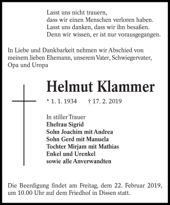 Traueranzeige von Helmut Klammer von lausitzer_rundschau