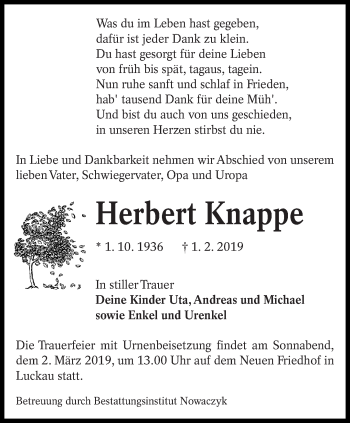 Traueranzeige von Herbert Knappe von lausitzer_rundschau