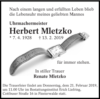 Traueranzeige von Herbert Mletzko von lausitzer_rundschau