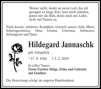 Traueranzeige von Hildegard Jannaschk von lausitzer_rundschau