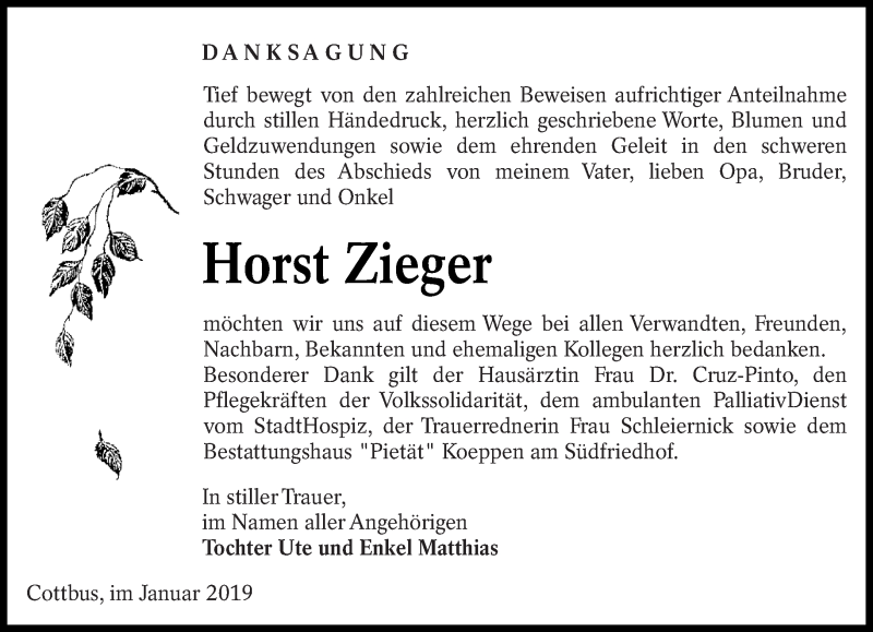  Traueranzeige für Horst Zieger vom 09.02.2019 aus lausitzer_rundschau