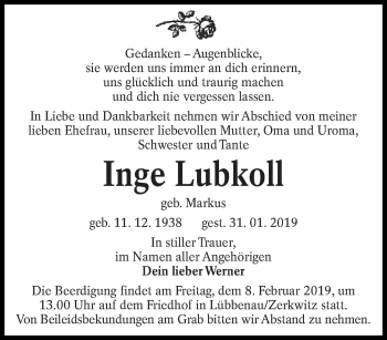 Traueranzeige von Inge Lubkoll von lausitzer_rundschau
