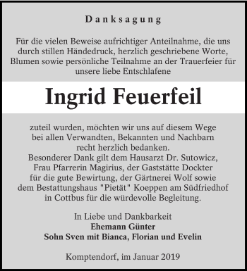 Traueranzeige von Ingrid Feuerfeil von lausitzer_rundschau