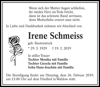Traueranzeige von Irene Schmeiss von lausitzer_rundschau