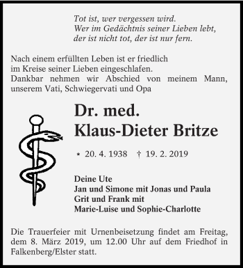 Traueranzeige von Klaus-Dieter Britze von lausitzer_rundschau