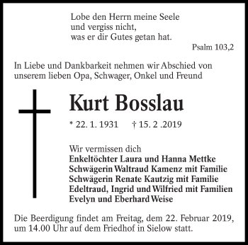 Traueranzeige von Kurt Bosslau von lausitzer_rundschau