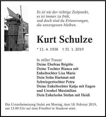 Traueranzeige von Kurt Schulze von lausitzer_rundschau
