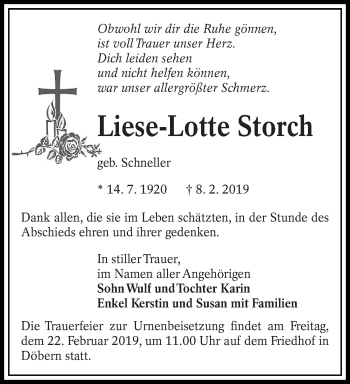 Traueranzeige von Liese-Lotte Storch von lausitzer_rundschau