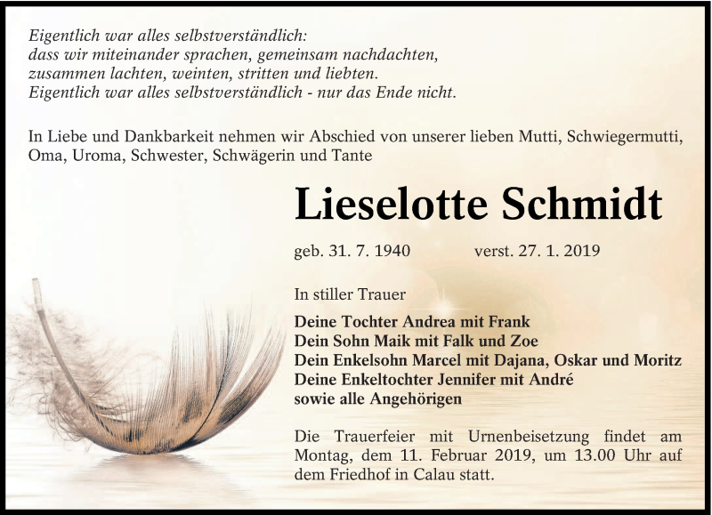  Traueranzeige für Lieselotte Schmidt vom 02.02.2019 aus lausitzer_rundschau