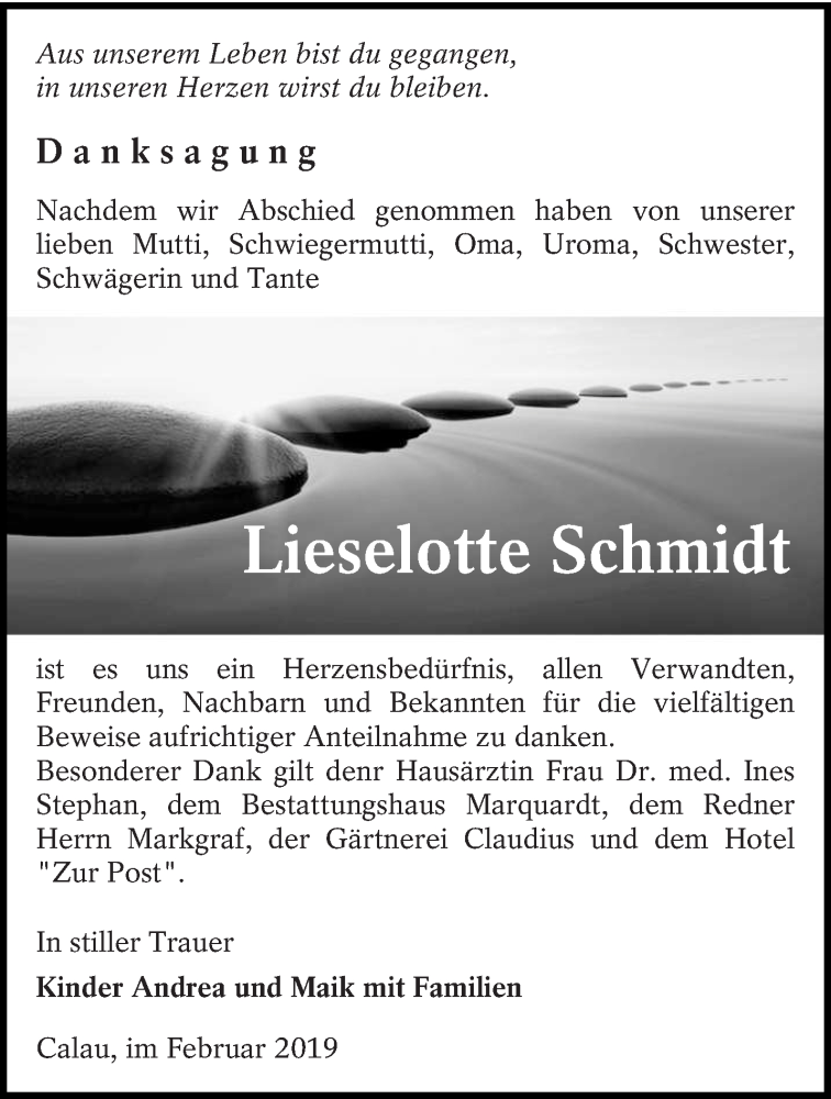  Traueranzeige für Lieselotte Schmidt vom 23.02.2019 aus lausitzer_rundschau
