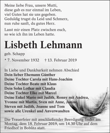 Traueranzeige von Lisbeth Lehmann von lausitzer_rundschau
