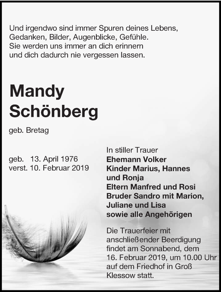  Traueranzeige für Mandy Schönberg vom 13.02.2019 aus lausitzer_rundschau
