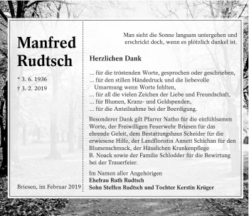 Traueranzeige von Manfred Rudtsch von lausitzer_rundschau