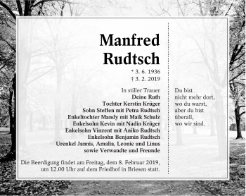 Traueranzeige von Manfred Rudtsch von lausitzer_rundschau