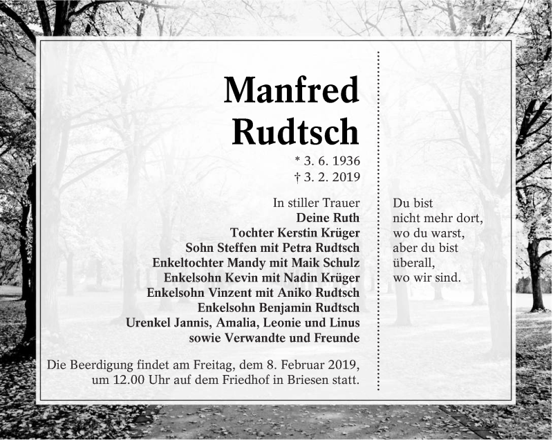  Traueranzeige für Manfred Rudtsch vom 06.02.2019 aus lausitzer_rundschau