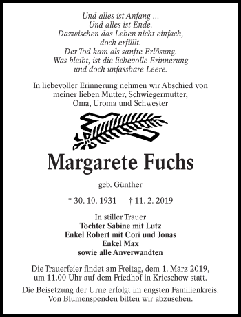 Traueranzeige von Margarete Fuchs von lausitzer_rundschau
