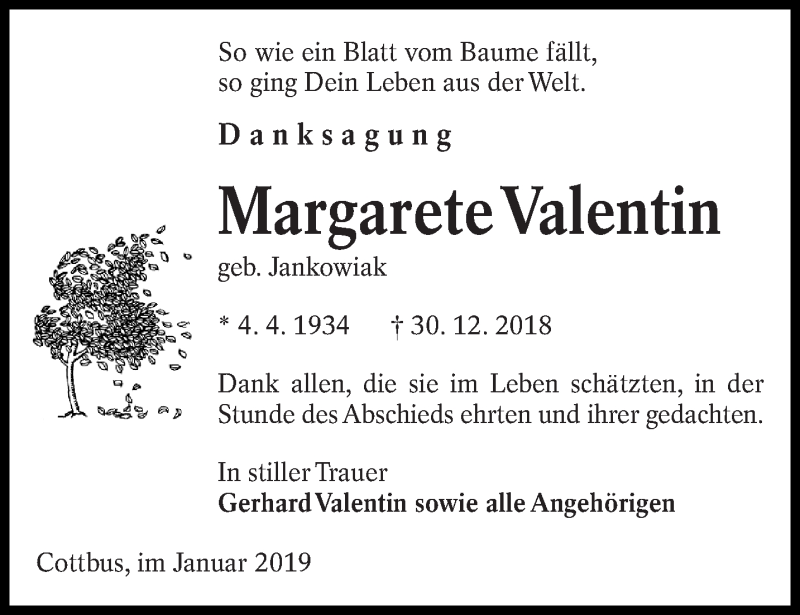  Traueranzeige für Margarete Valentin vom 09.02.2019 aus lausitzer_rundschau