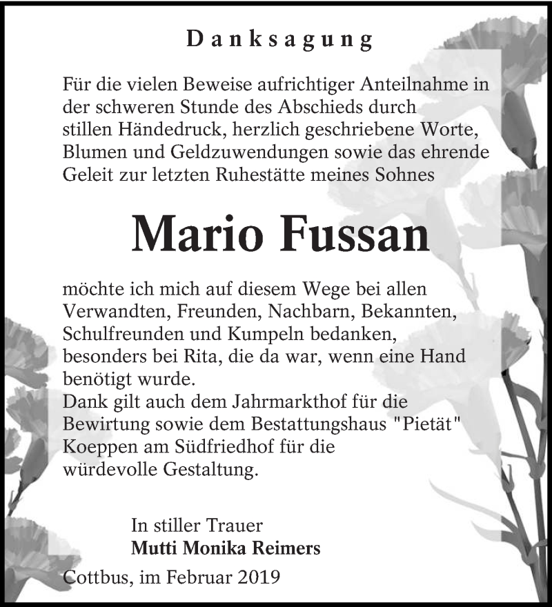  Traueranzeige für Mario Fussan vom 16.02.2019 aus lausitzer_rundschau