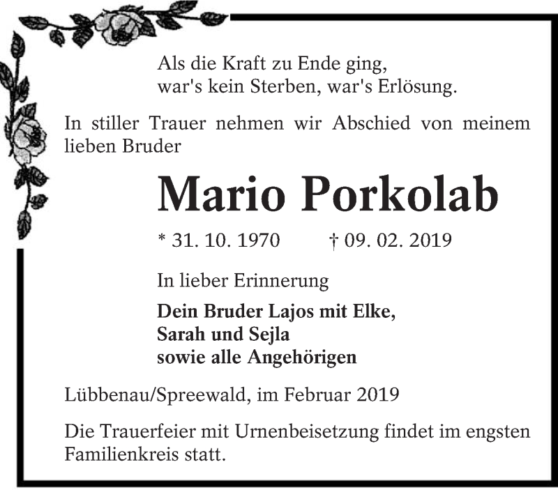  Traueranzeige für Mario Porkolab vom 23.02.2019 aus lausitzer_rundschau
