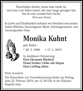 Traueranzeige von Monika Kuhnt von lausitzer_rundschau