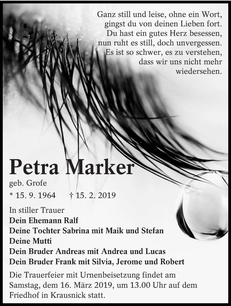 Traueranzeige für Petra Marker vom 23.02.2019 aus lausitzer_rundschau